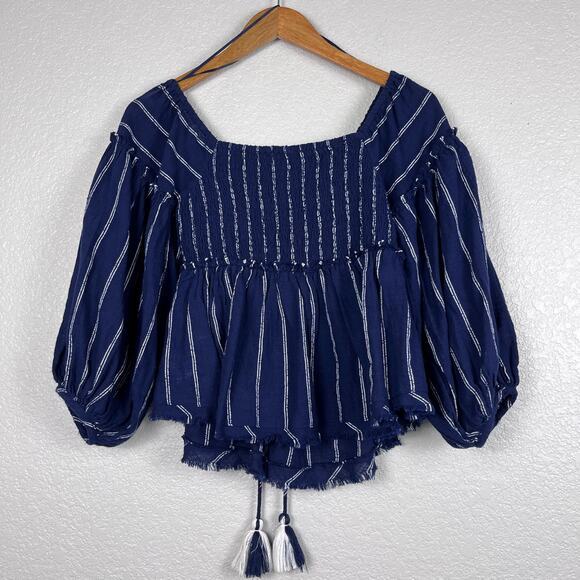 Free‎ People Womens Pesant Top XS Evey Stripe Keyhole Tassel Tie Festival Boho - Picture 2 of 10